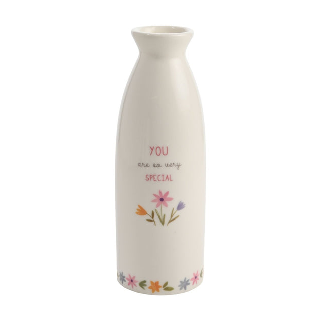 White ceramic stem vase with narrow neck, printed "You are so very special" text and a small floral posy, plus a floral band near the base, on a plain white background.