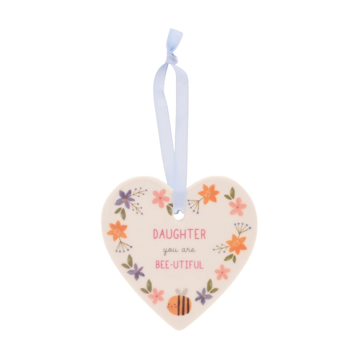 White ceramic heart-shaped wall decoration with blue ribbon hanger, printed with "DAUGHTER you are BEE-UTIFUL" amid floral designs and a bee, on a plain background.