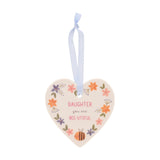 White ceramic heart-shaped wall decoration with blue ribbon hanger, printed with "DAUGHTER you are BEE-UTIFUL" amid floral designs and a bee, on a plain background.