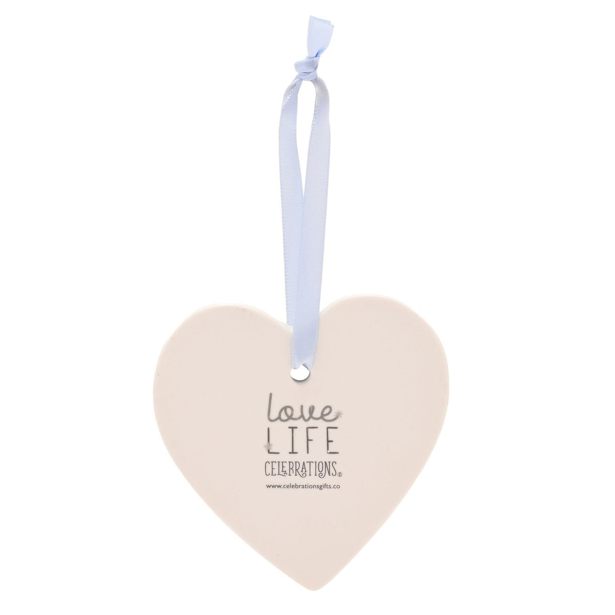 White ceramic heart-shaped hanging decoration with pale blue ribbon, reverse side printed with "Love Life Celebrations" text, shown on a plain white background.