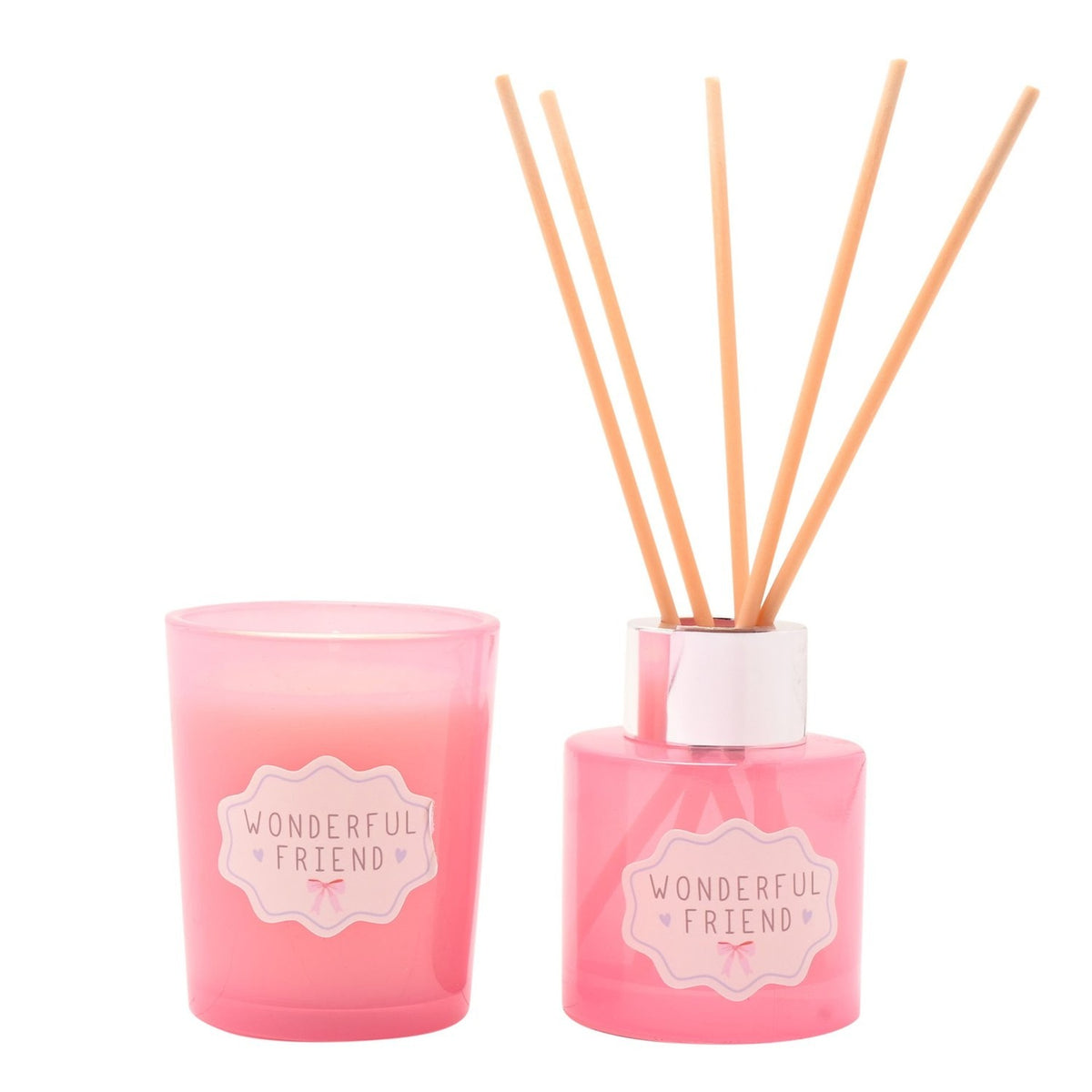 Pink Wonderful Friend mini candle and reed diffuser set with a tumbler candle pot and round diffuser bottle holding pale reeds, both featuring scalloped gift tags, on a white background.