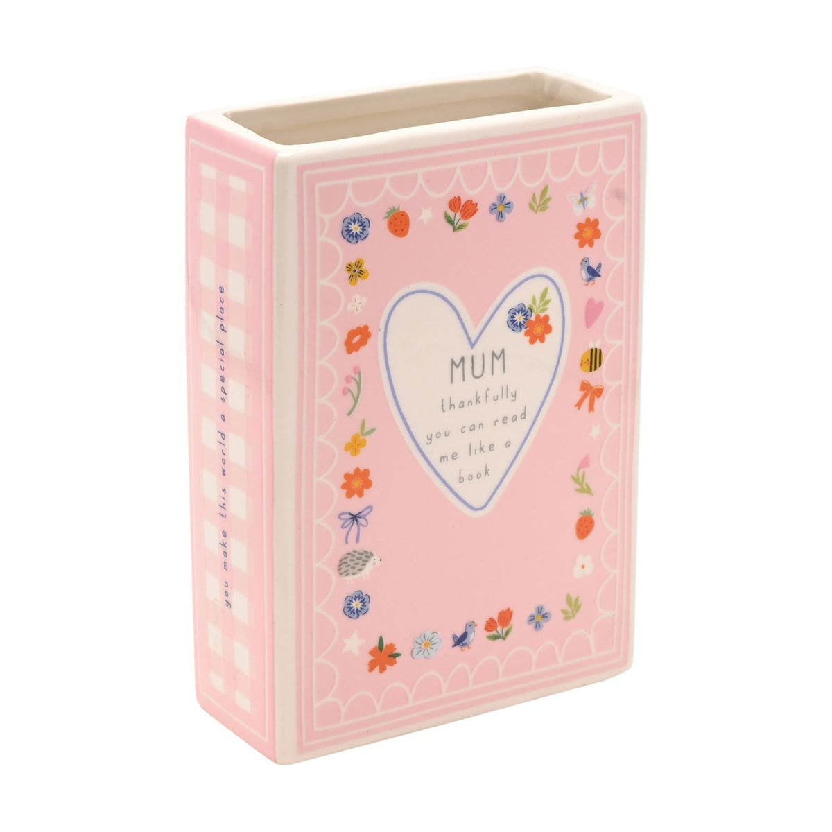 Mum Floral Heart Gingham Book Stoneware Vase 14cm - Pink