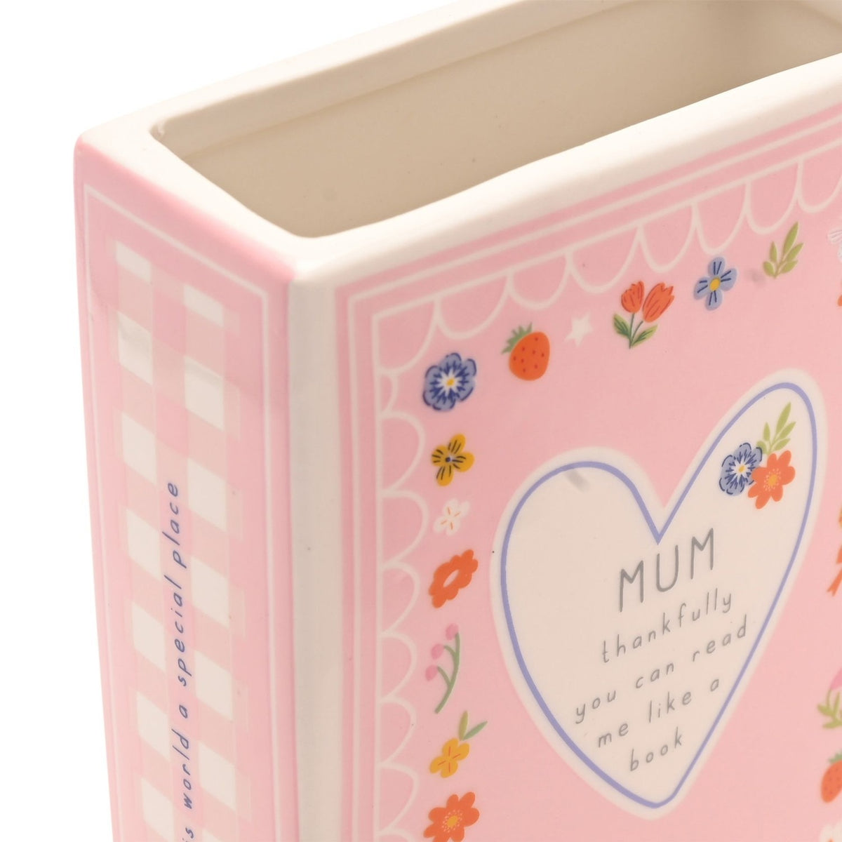 Mum Floral Heart Gingham Book Stoneware Vase 14cm - Pink