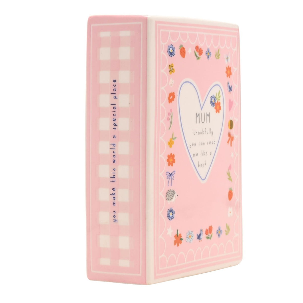 Mum Floral Heart Gingham Book Stoneware Vase 14cm - Pink
