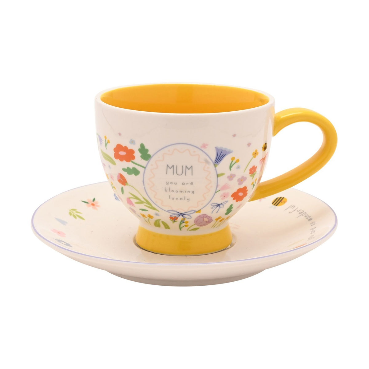 Mum Floral Stoneware Cup & Saucer 300ml - Off White & Yellow