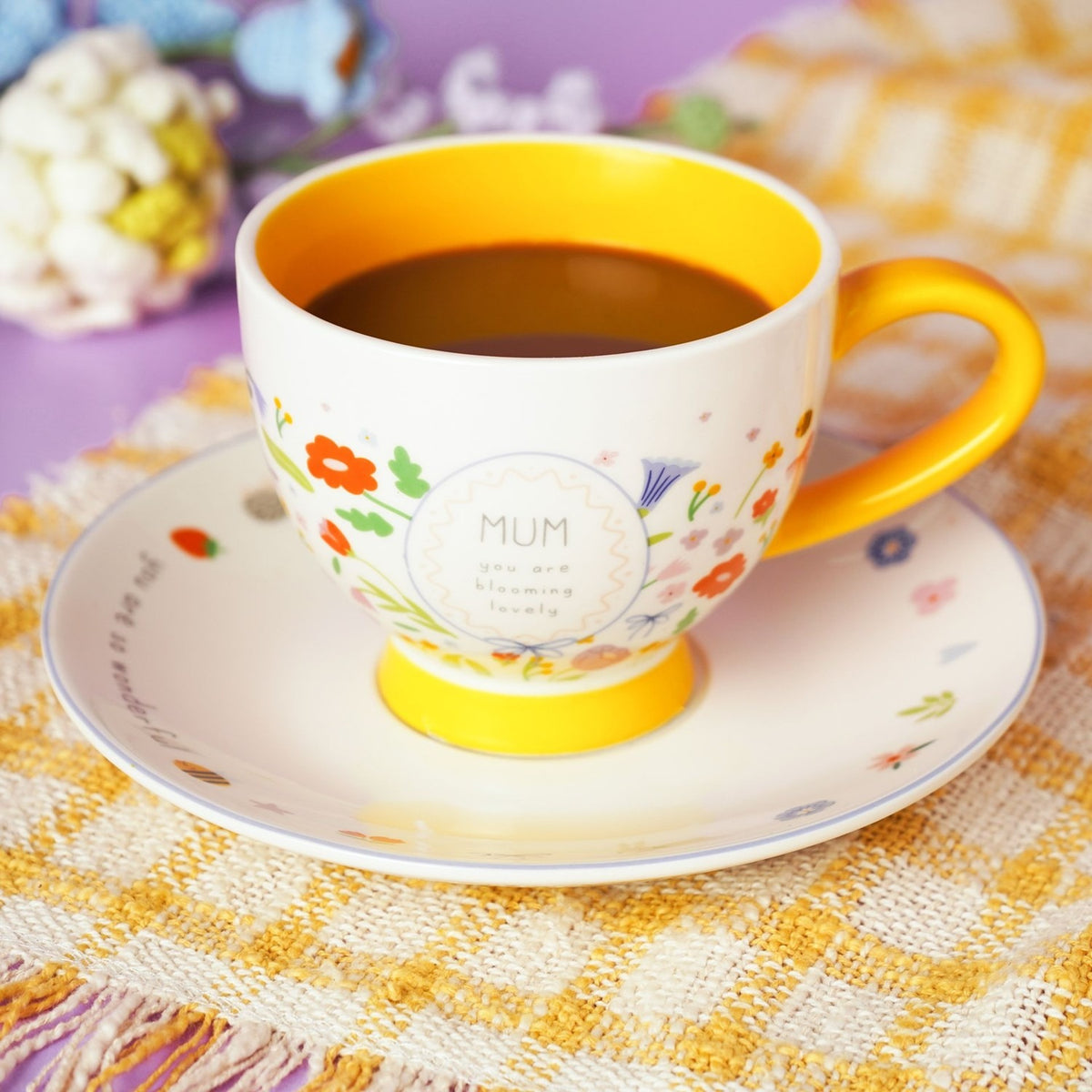 Mum Floral Stoneware Cup & Saucer 300ml - Off White & Yellow