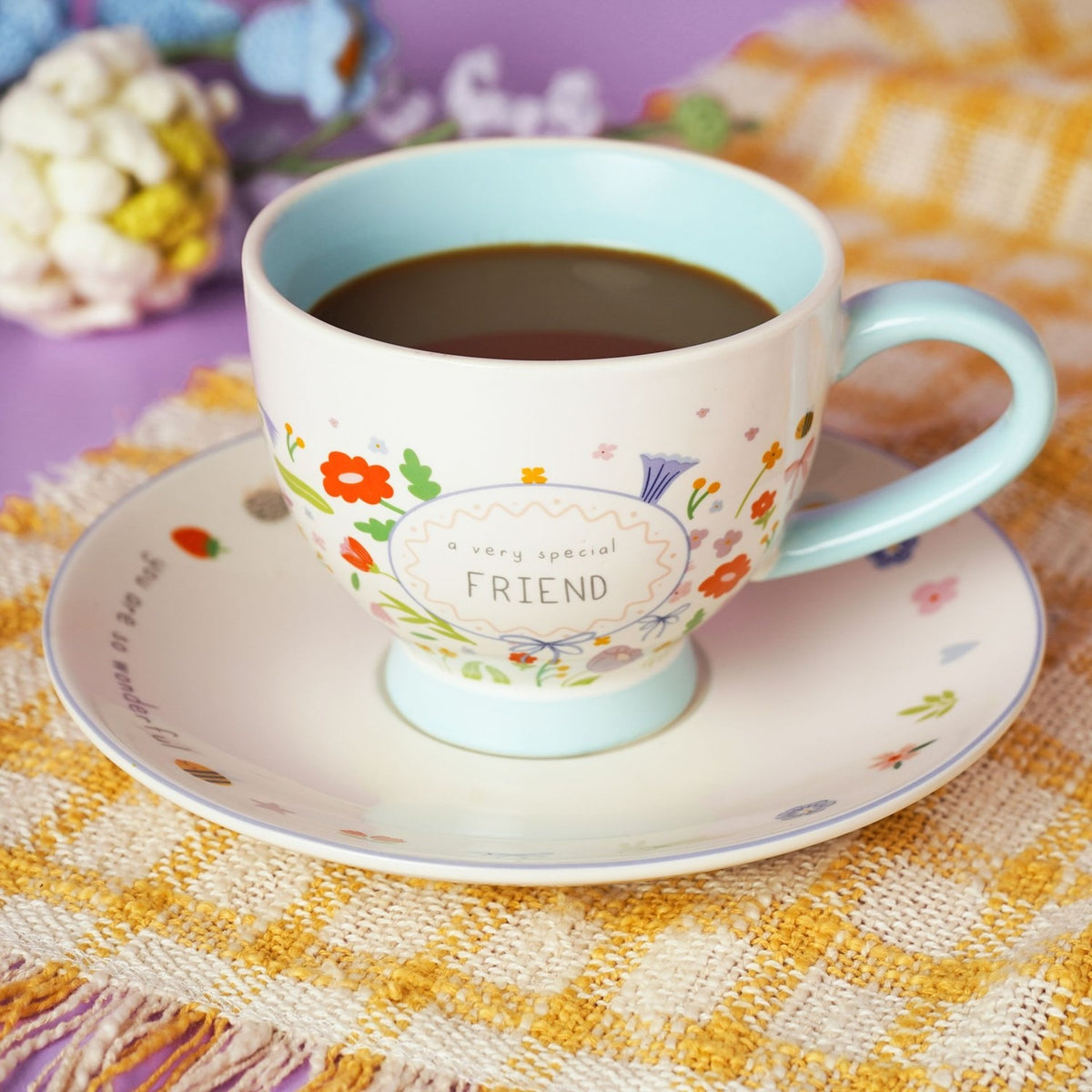 Friend Stoneware Cup & Saucer 300ml - Off White & Light Blue