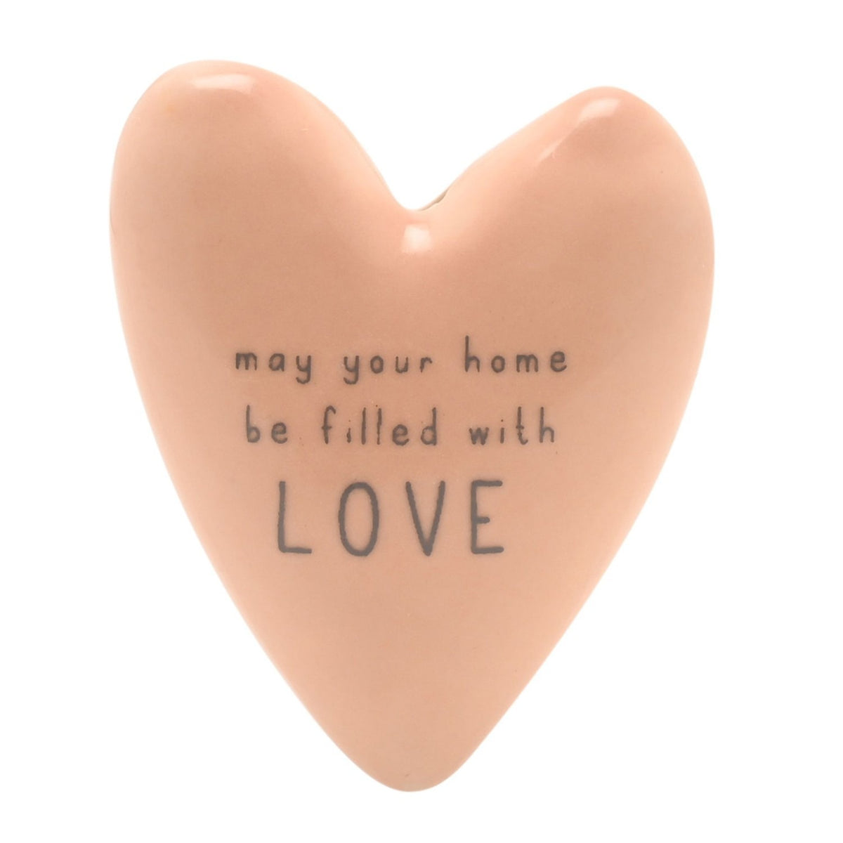 Pink stoneware heart ornament, reverse side shown with "may your home be filled with LOVE" in grey text, on a plain white background.