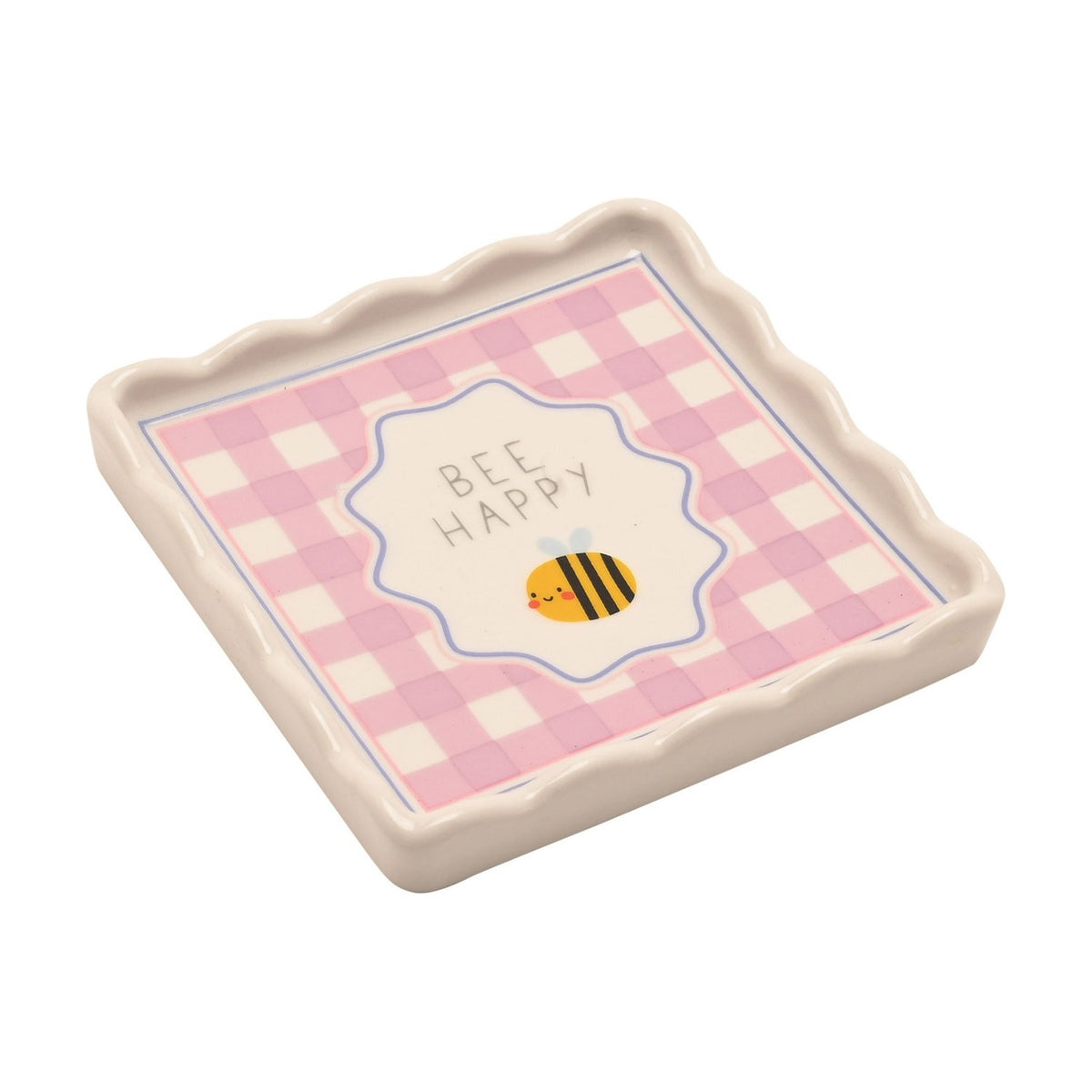 Bee Happy Gingham Scallop Stoneware Trinket Dish - Off White