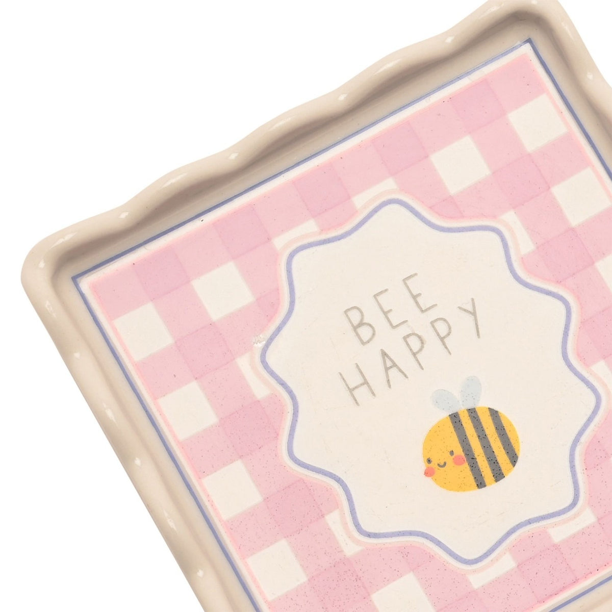 Bee Happy Gingham Scallop Stoneware Trinket Dish - Off White