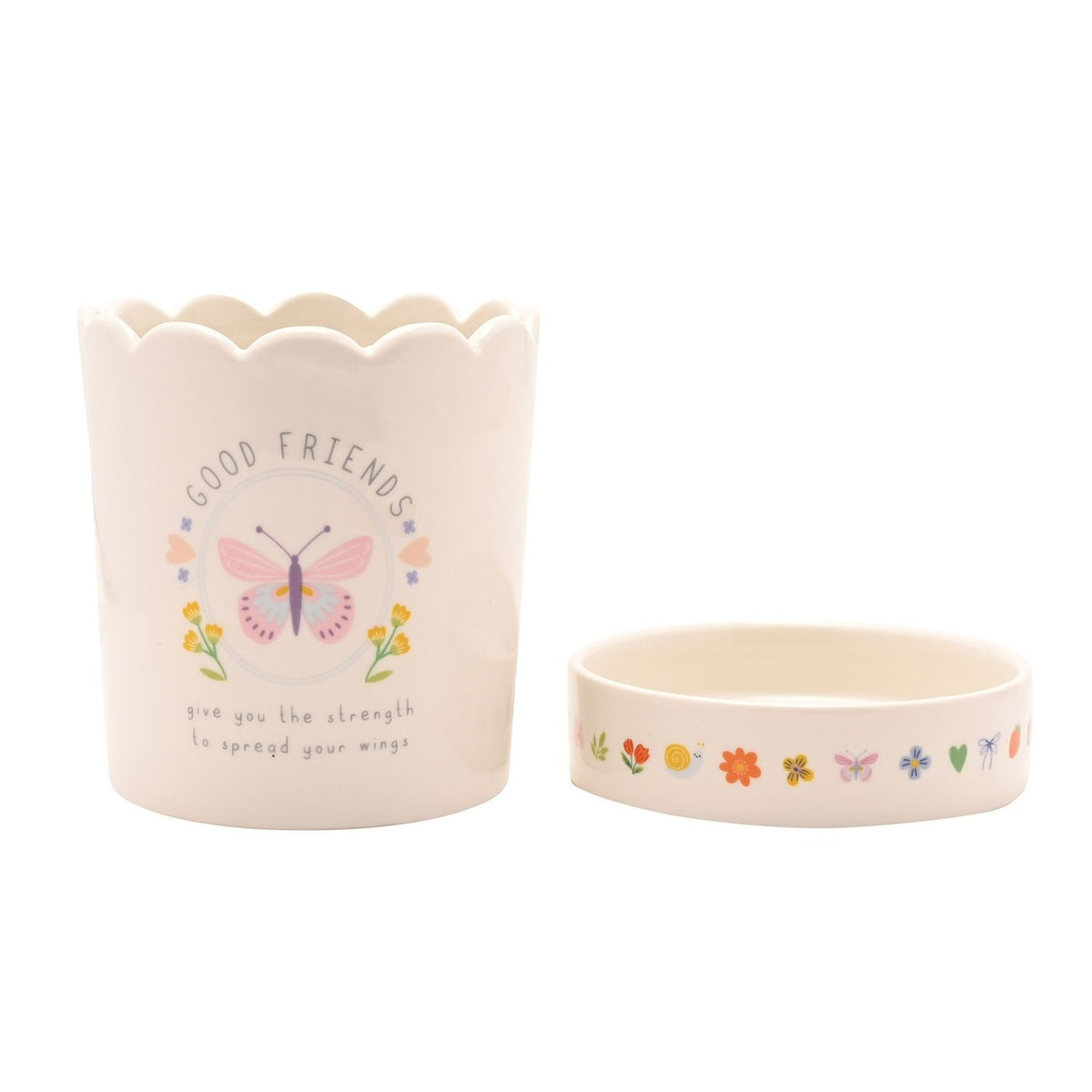 Off white stoneware round planter with scalloped rim, "Good Friends" butterfly and floral design, shown beside its matching decorated saucer on a plain background.