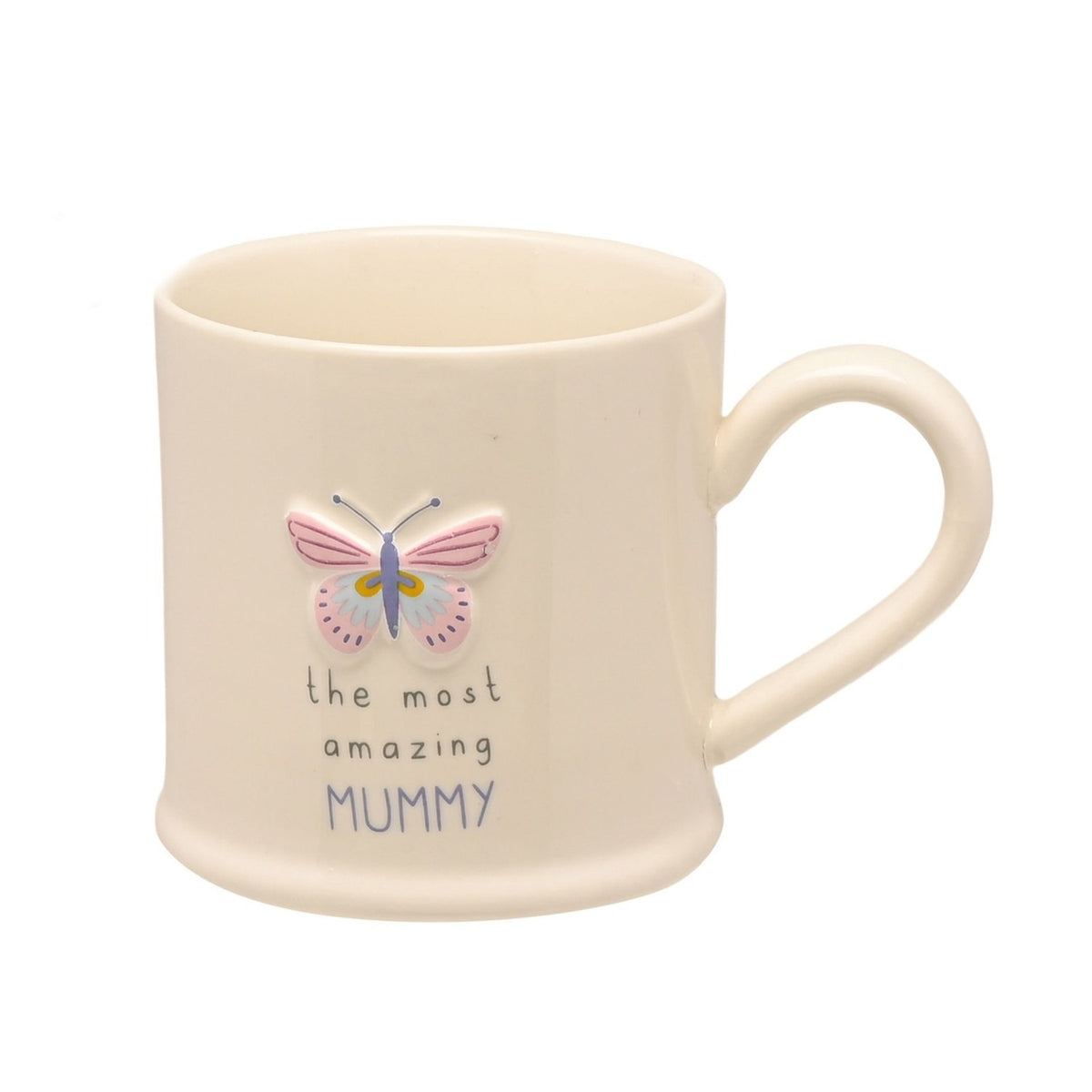 Off white stoneware mug with a C-shaped handle, featuring an embossed butterfly in pink, lilac and blue above "the most amazing MUMMY" text, shown on a plain white background.