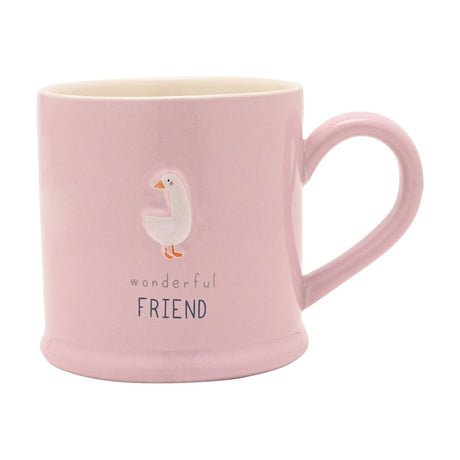 Pink stoneware mug with an embossed white goose and "wonderful FRIEND" text, pale pink handle and rim, set against a plain white background.