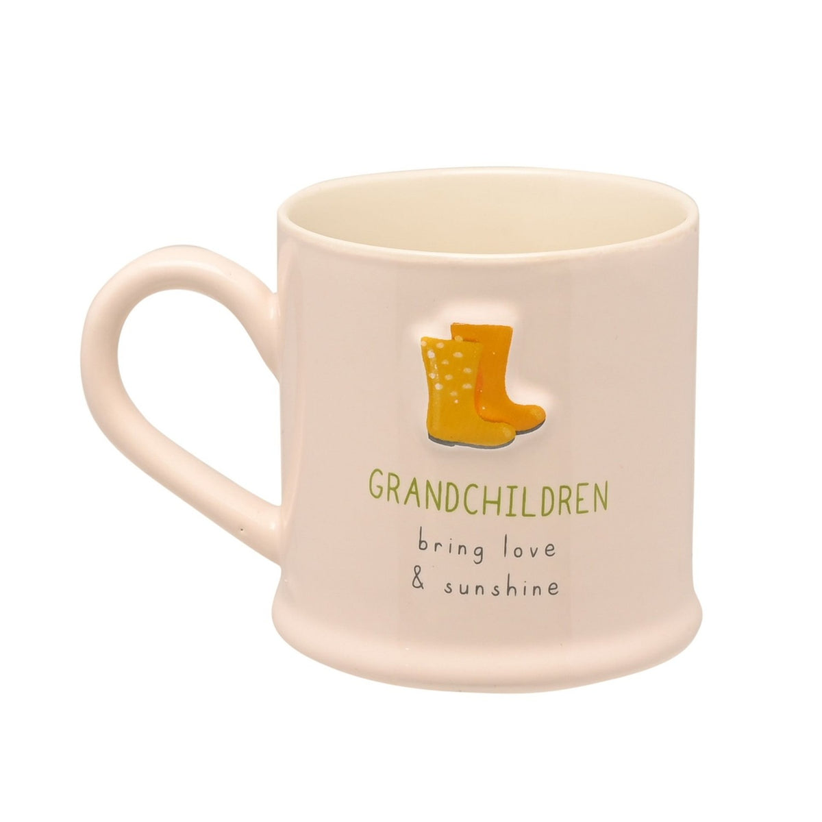 Cream stoneware mug with embossed yellow and orange welly boots above "GRANDCHILDREN bring love & sunshine" text, shown on a plain white background.