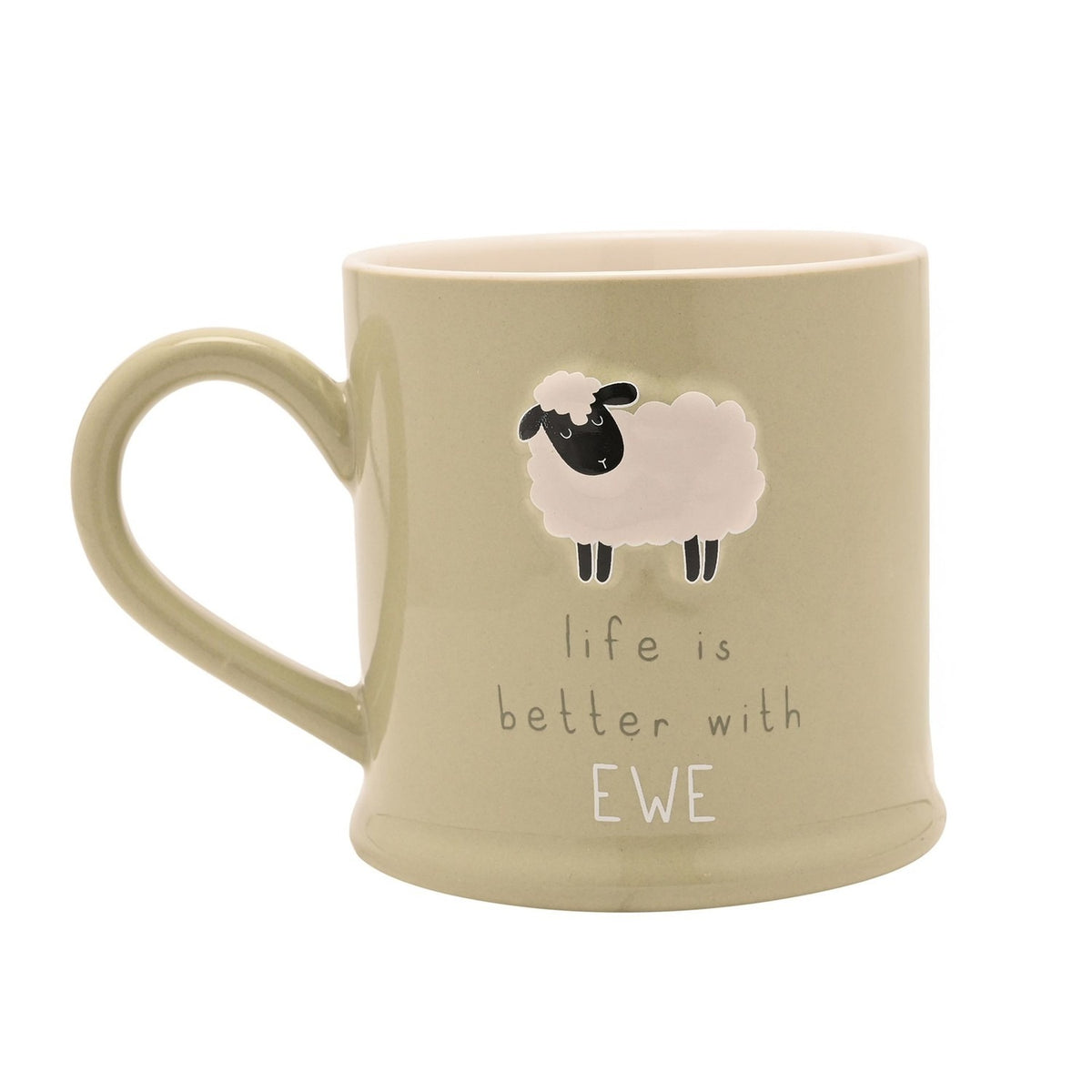 Green stoneware mug with an embossed cream sheep design and "life is better with EWE" lettering, shown on a plain white background.