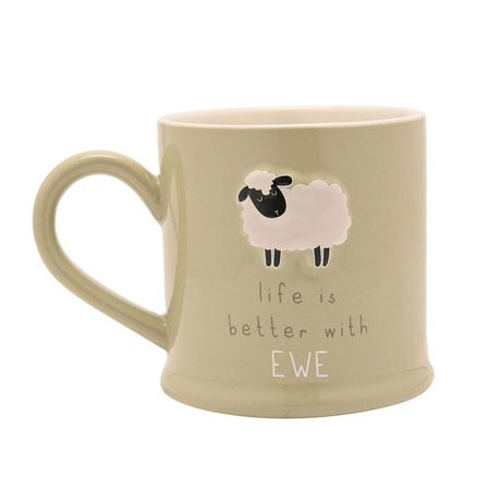 Green stoneware mug with an embossed cream sheep design and "life is better with EWE" lettering, shown on a plain white background.