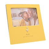 Yellow glazed stoneware photo frame holding a 6 x 4in landscape photo, with a raised goose detail and "MUM you are so loved" text below the opening, on a white background.