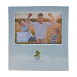 Blue glazed stoneware photo frame with a 6 x 4in landscape window, featuring green welly boots and "DAD you are so loved" text beneath, shown with a sample father-and-sons photo.