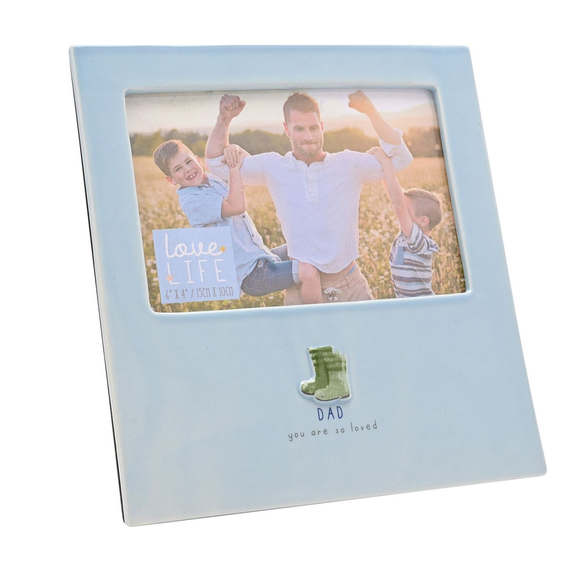 Blue glazed stoneware photo frame with raised green welly boots and "DAD you are so loved" text, holding a 6 x 4in landscape photo on a plain background.