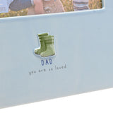 Blue glazed stoneware photo frame for a 6 x 4in landscape photo, with raised green welly boots and "DAD you are so loved" text on the border.