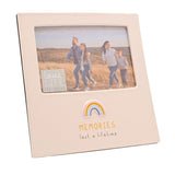 Cream glazed stoneware photo frame with rectangular window holding a 6 x 4in landscape family photo, featuring a pastel rainbow and "Memories last a lifetime" text below.