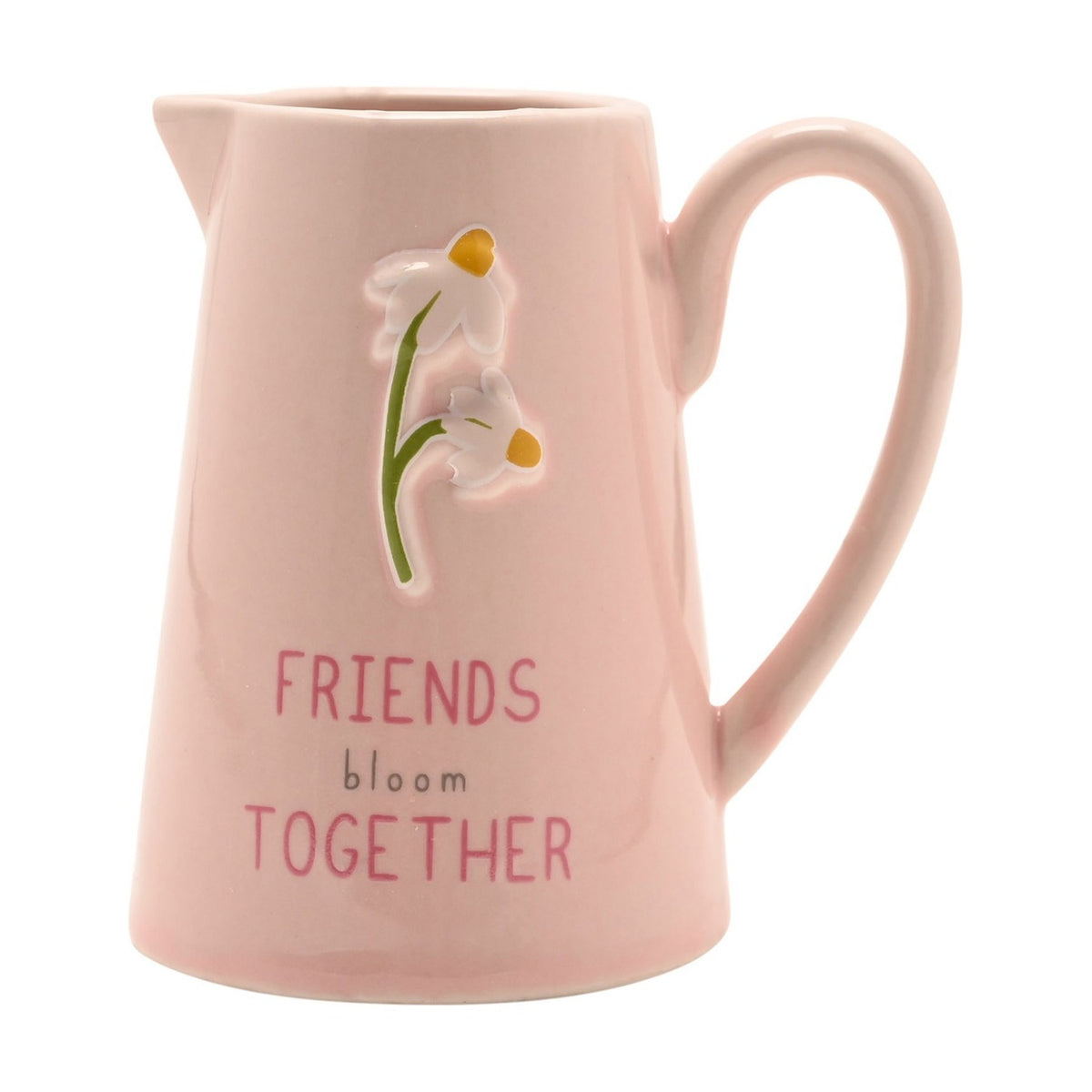 Pink stoneware jug with embossed white flowers and "Friends bloom Together" text, glossy finish and curved handle, shown on a plain white background.