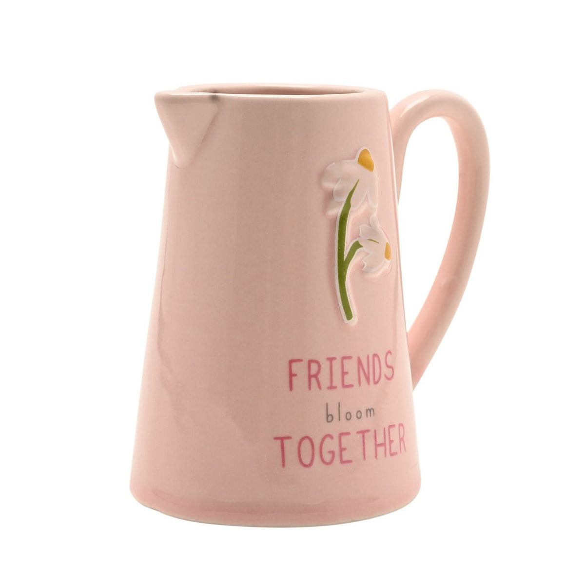 Pink stoneware jug with glossy finish, featuring embossed white flowers on a green stem and "FRIENDS bloom TOGETHER" text, set against a plain white background.