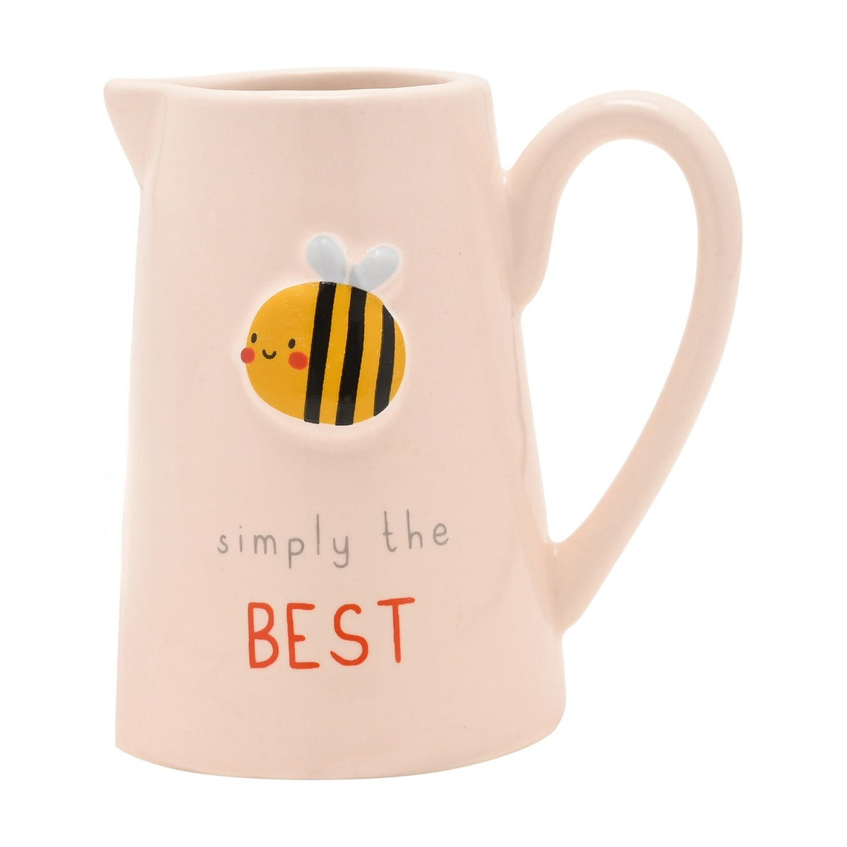 Cream stoneware jug with curved handle, featuring an embossed smiling bee design and "simply the BEST" text in grey and red lettering, shown on a white background.