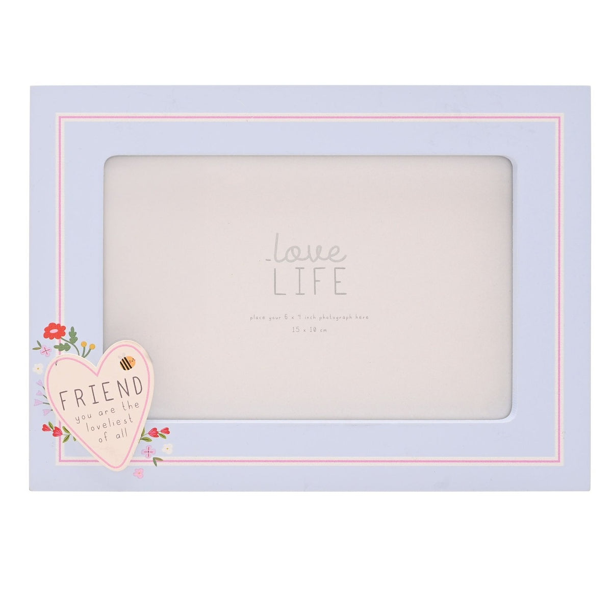 Blue wooden rectangular photo frame with pink double-line border and a cream heart reading "FRIEND you are the loveliest of all," decorated with a bee and red, pink and lilac flowers.