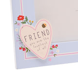 Wooden rectangular photo frame in pale blue with floral corner detail and a cream heart reading "FRIEND you are the loveliest of all", pink outline and tiny bee.