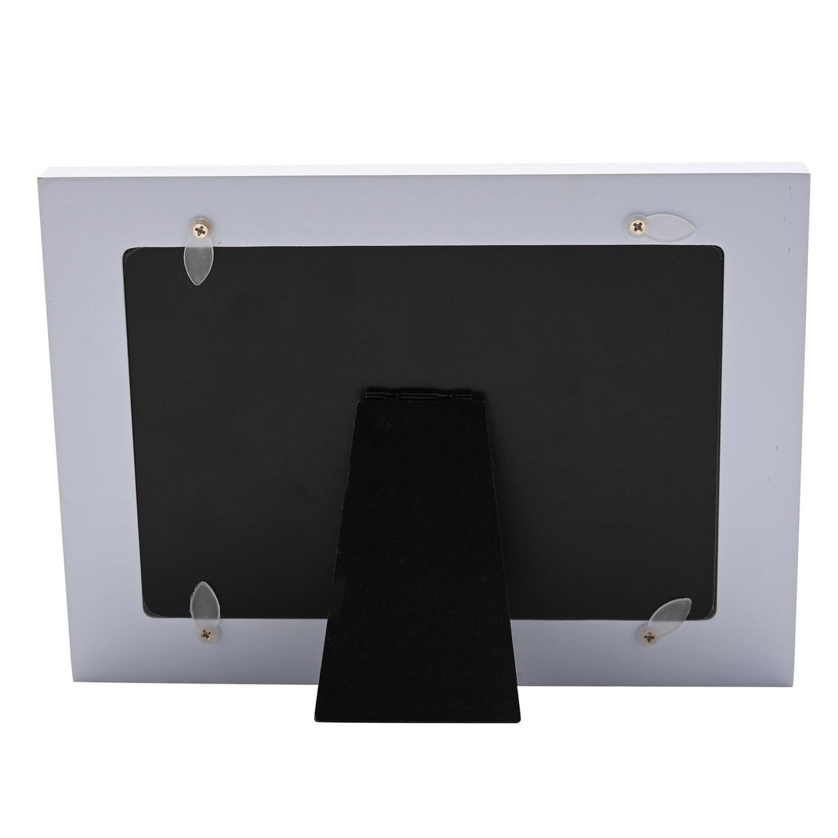 Back view of the Friend Heart Floral wooden photo frame showing a white frame, black backing, fold-out stand, and metal hanging tabs on a plain background.