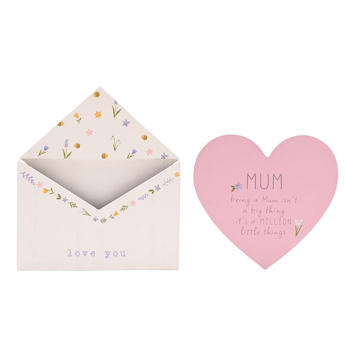 White wooden envelope plaque with floral border and "love you" text, paired with a pink heart insert reading "MUM, being a Mum isn't a big thing it's a MILLION little things", on a plain background.