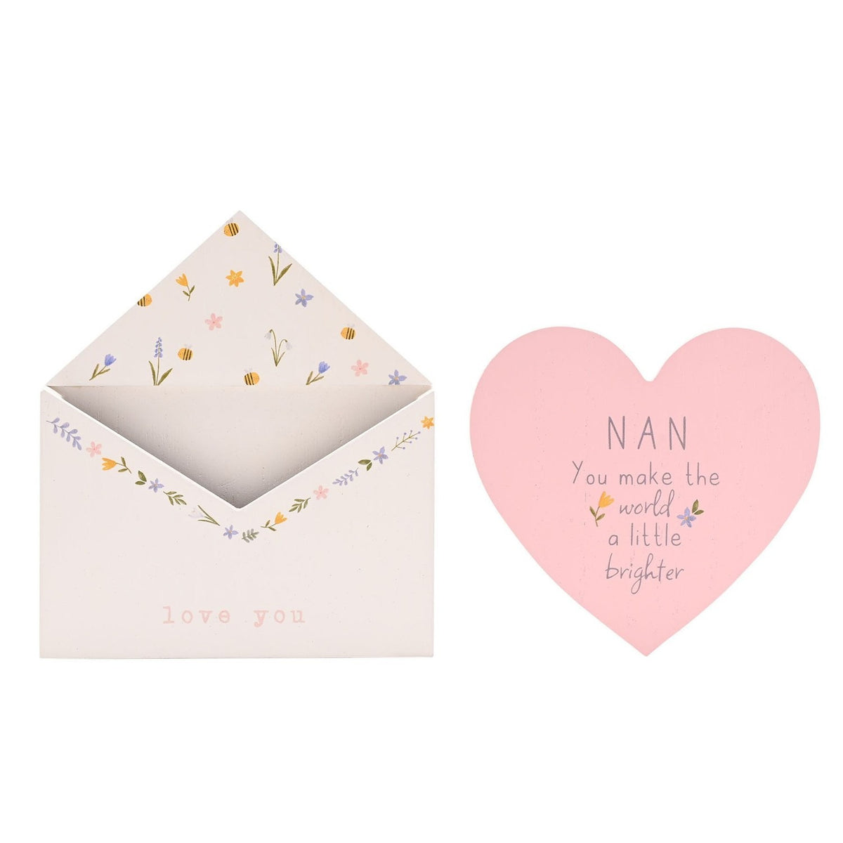 Nan Wooden Envelope Plaque with Pink Heart Insert - White