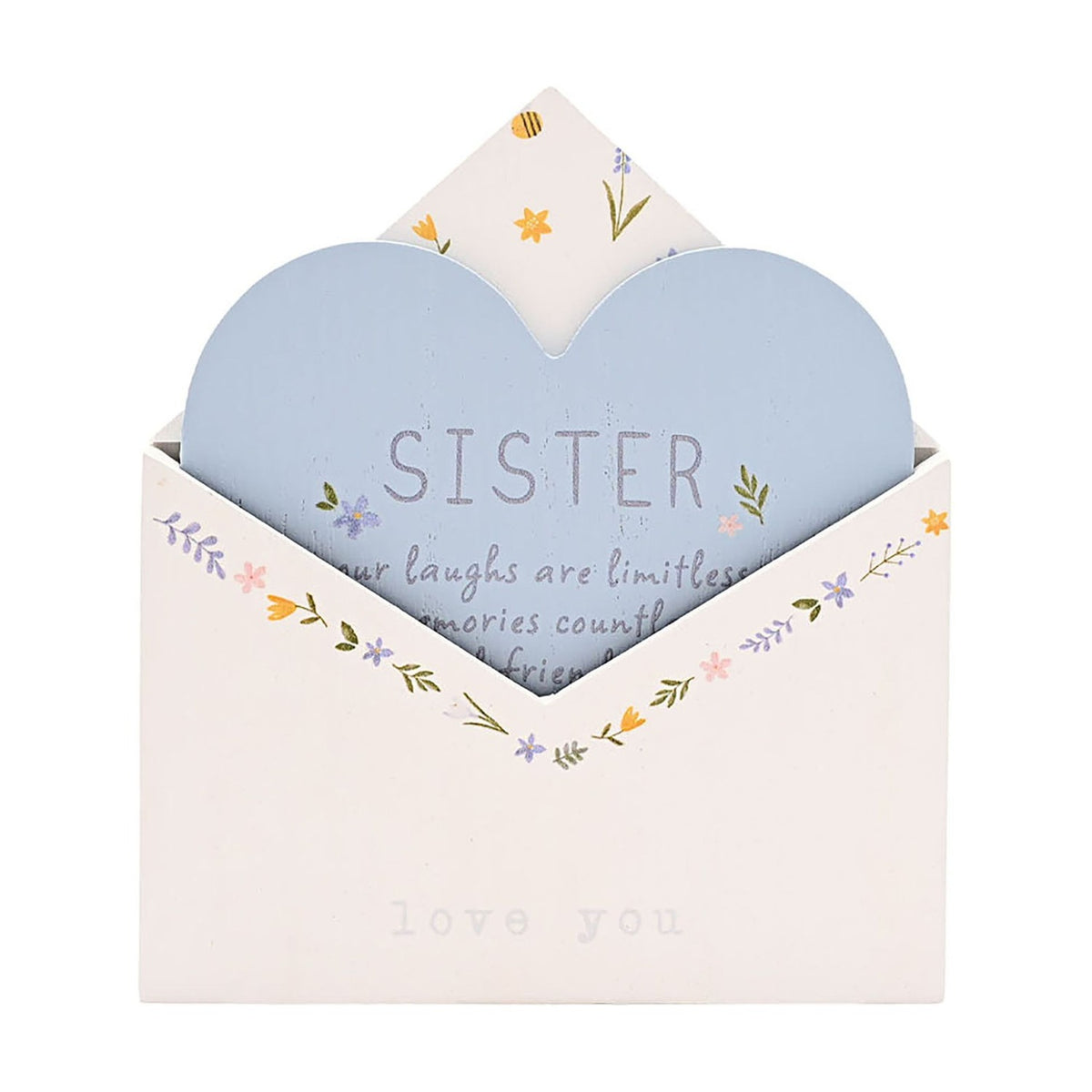 Sister Heart Insert in Floral Envelope Wooden Plaque - White
