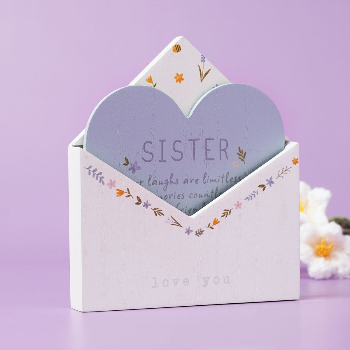 Sister Heart Insert in Floral Envelope Wooden Plaque - White