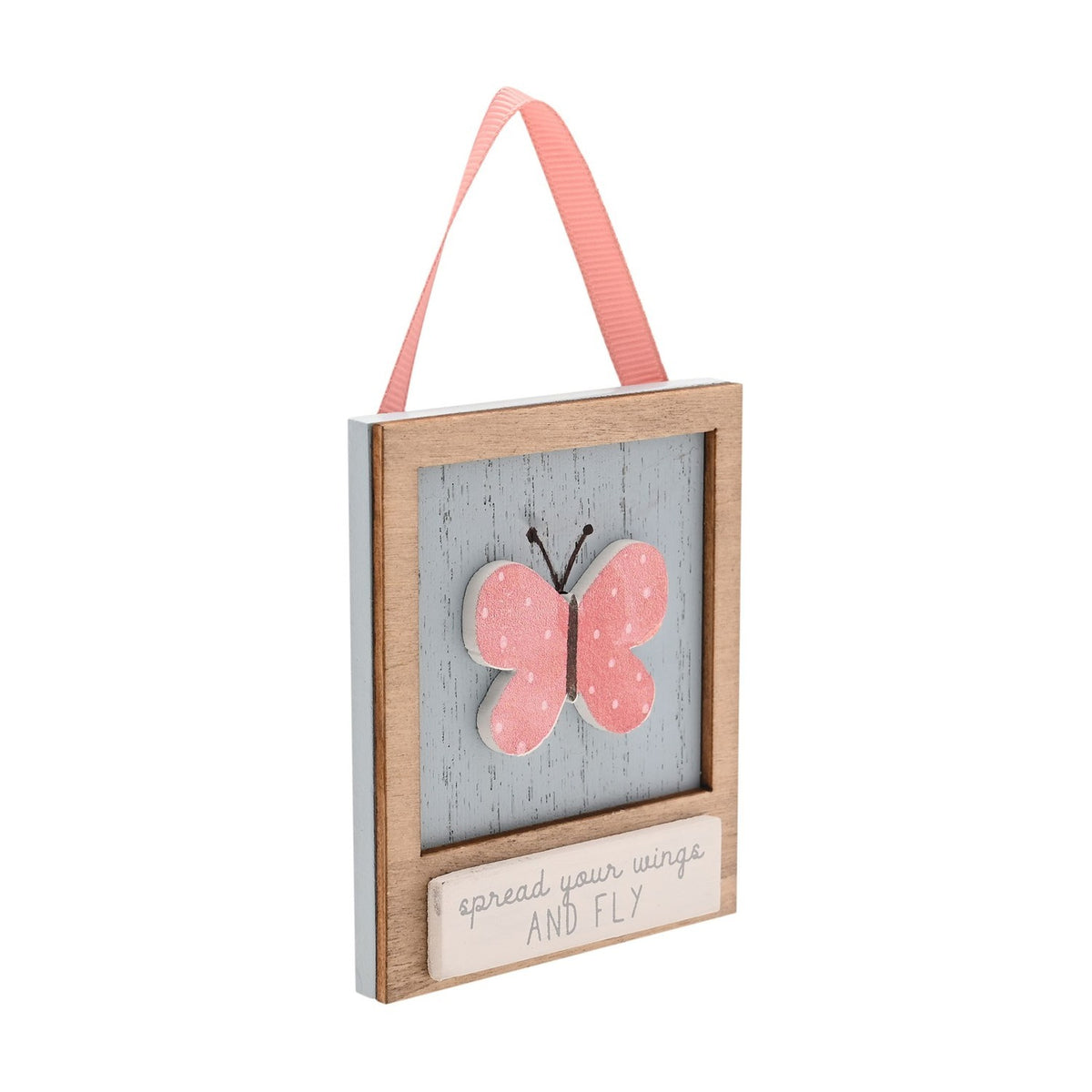 Fly Butterfly Mini Wooden Plaque with Ribbon Hanger - Blue
