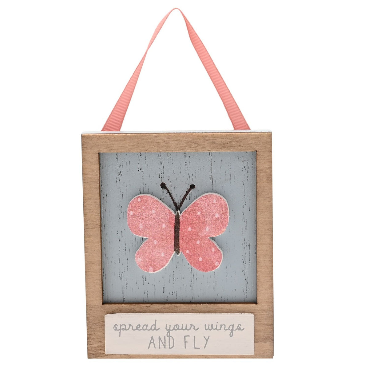 Fly Butterfly Mini Wooden Plaque with Ribbon Hanger - Blue