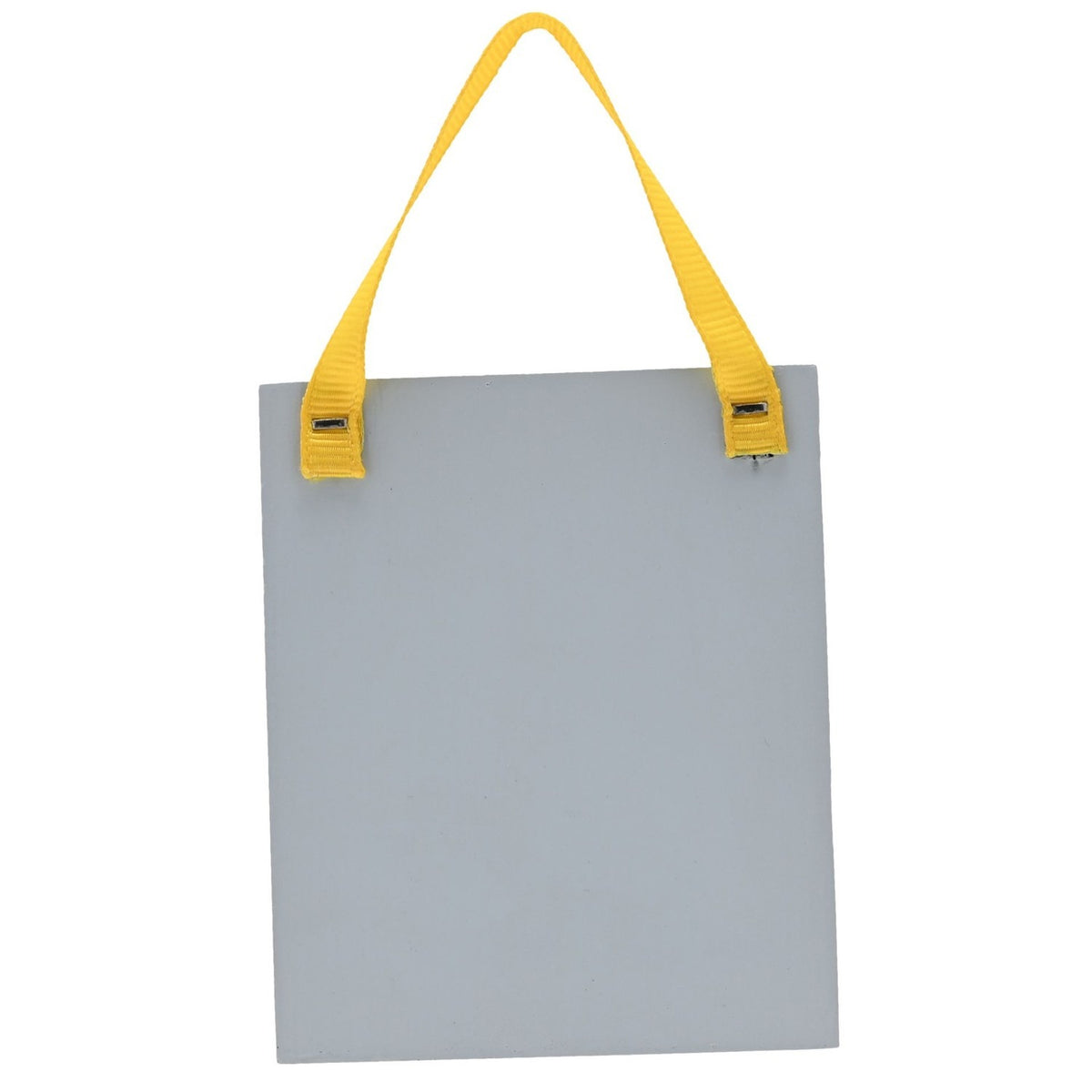 Blue rectangular wooden mini plaque with yellow ribbon hanger, blank reverse side shown against a plain white background.