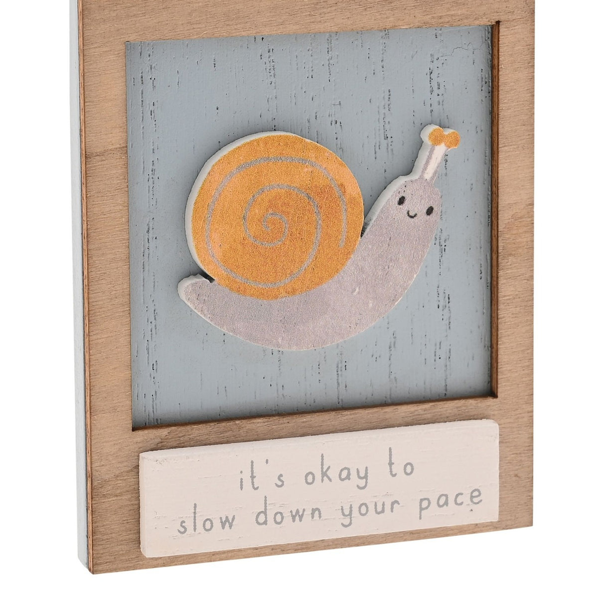 Wooden wall plaque featuring a raised smiling snail with orange spiral shell on a weathered blue panel, framed in natural wood with a cream message strip reading "it's okay to slow down your pace."