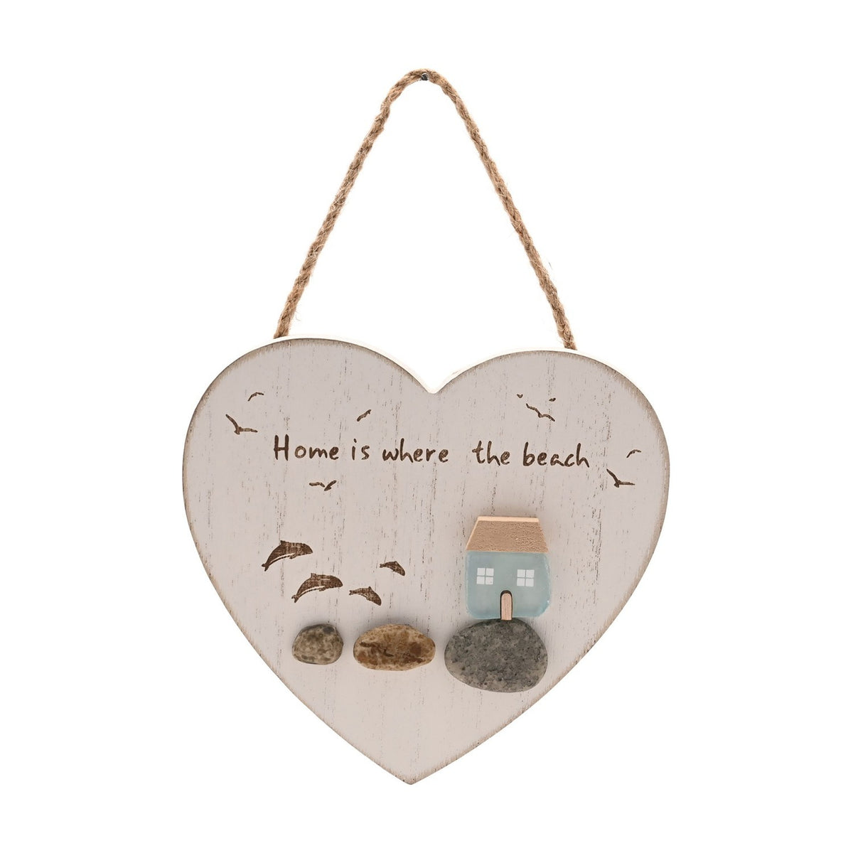 Home Is Where the Beach Heart Plaque with Sea Glass - White