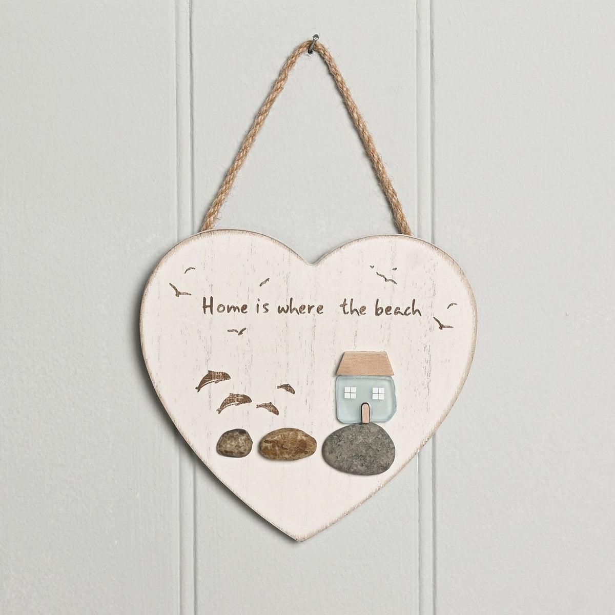 Home Is Where the Beach Heart Plaque with Sea Glass - White