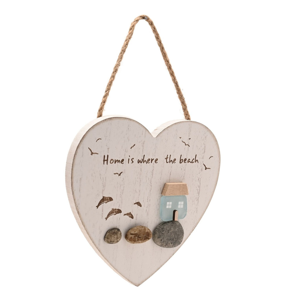 Home Is Where the Beach Heart Plaque with Sea Glass - White