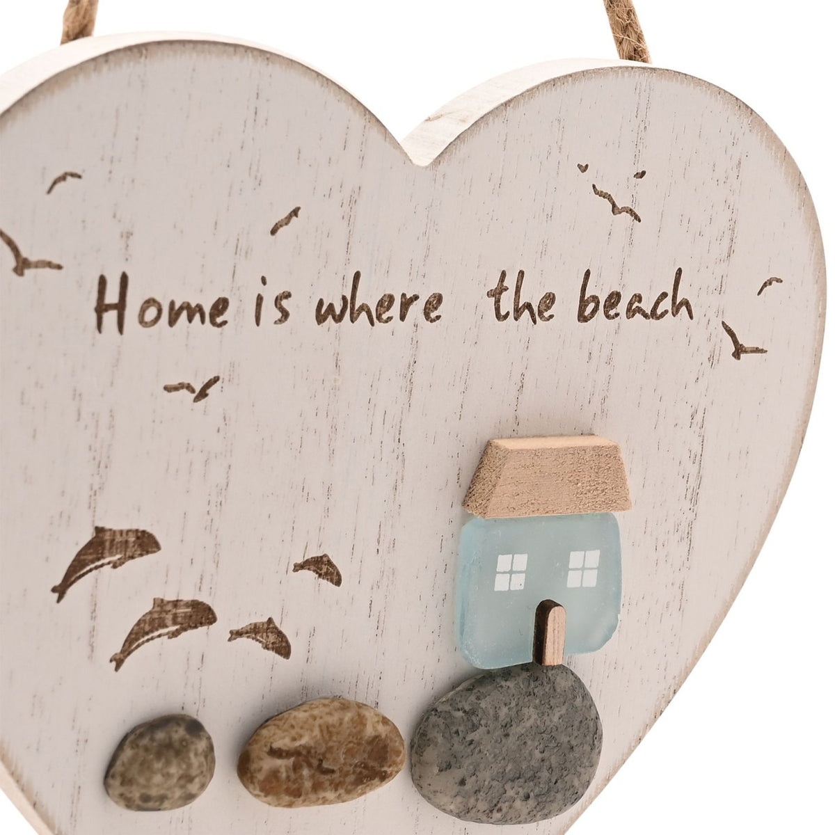 Home Is Where the Beach Heart Plaque with Sea Glass - White