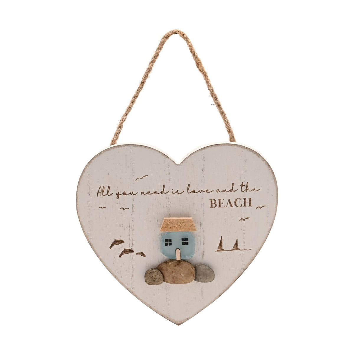 Love & Beach Heart Plaque with Sea Glass Cottage - White