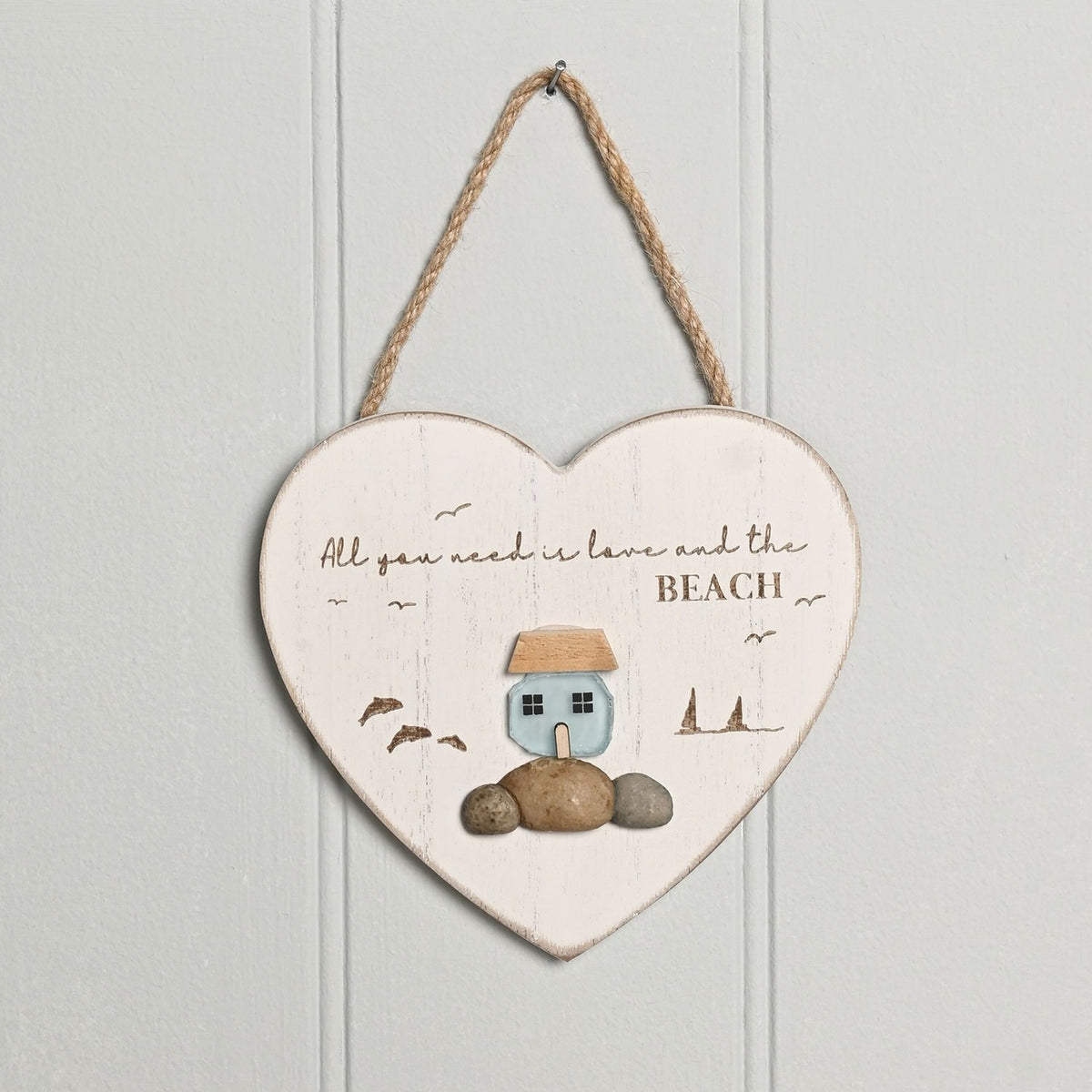 Love & Beach Heart Plaque with Sea Glass Cottage - White