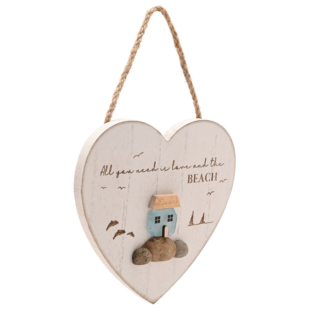 Love & Beach Heart Plaque with Sea Glass Cottage - White