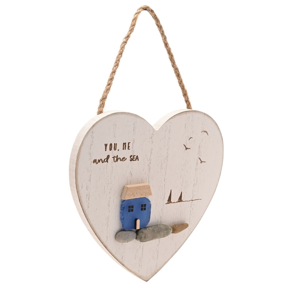 You, Me and the Sea Heart Plaque with Glass House - White