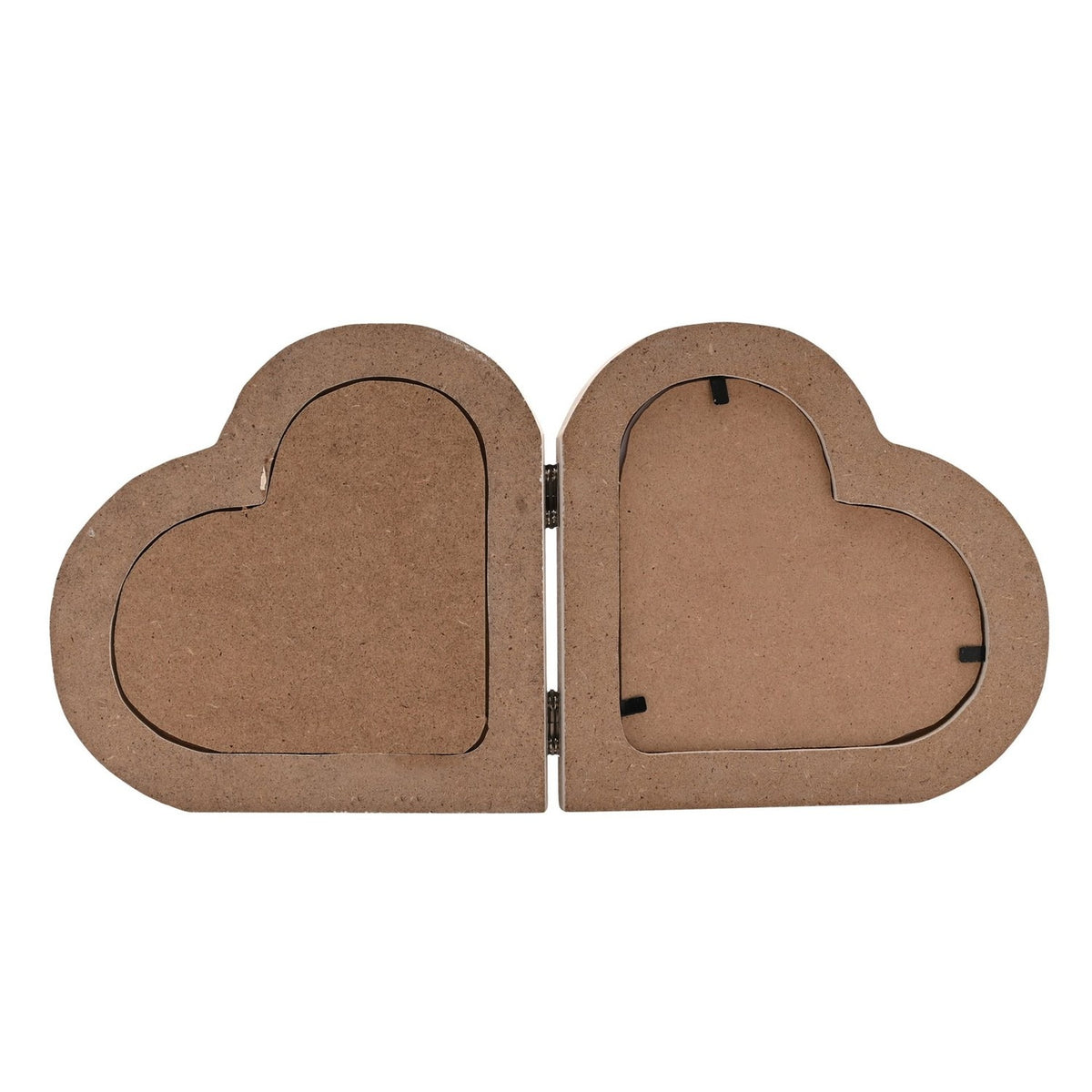 Back view of the By the Sea Folding Double Heart Wooden Photo Frame, showing two unfinished wood hearts joined by metal hinges with visible photo recesses, on a white background.