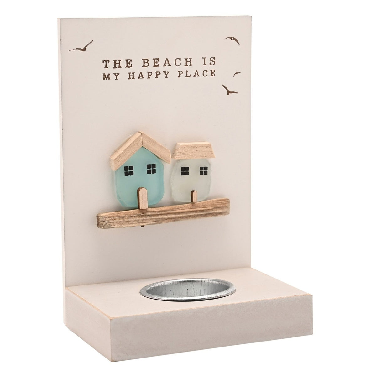 Cream wooden tea light candle holder with "The Beach Is My Happy Place" text, seabird motifs, and two sea glass houses in aqua and frosted white above a tealight slot, on a white background.