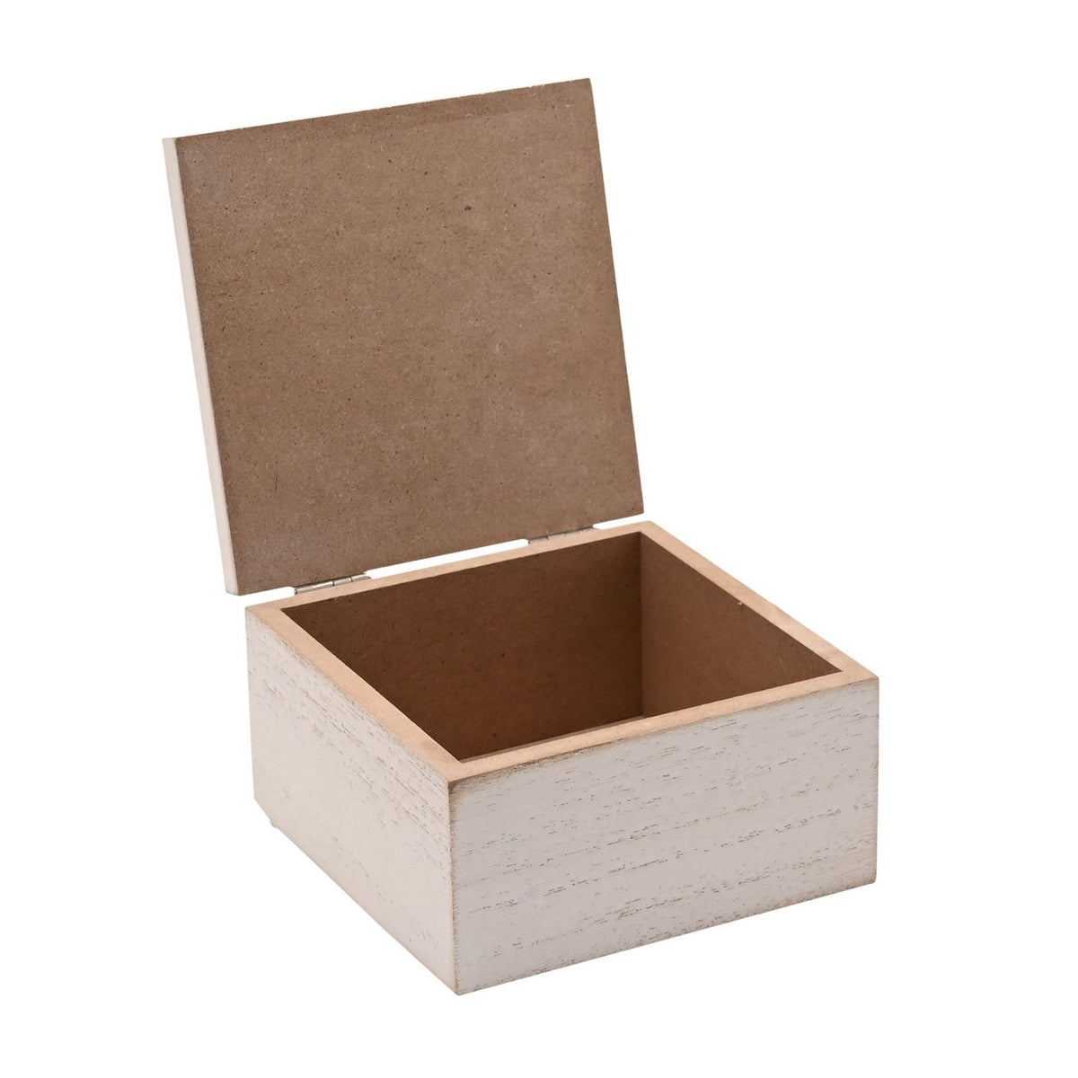 Square white wooden trinket box with hinged lid open, showing a natural wood interior and plain MDF underside, on a white background.